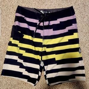 Volcom Men’s Black Yellow Light Purple Striped Board Shorts - size 30